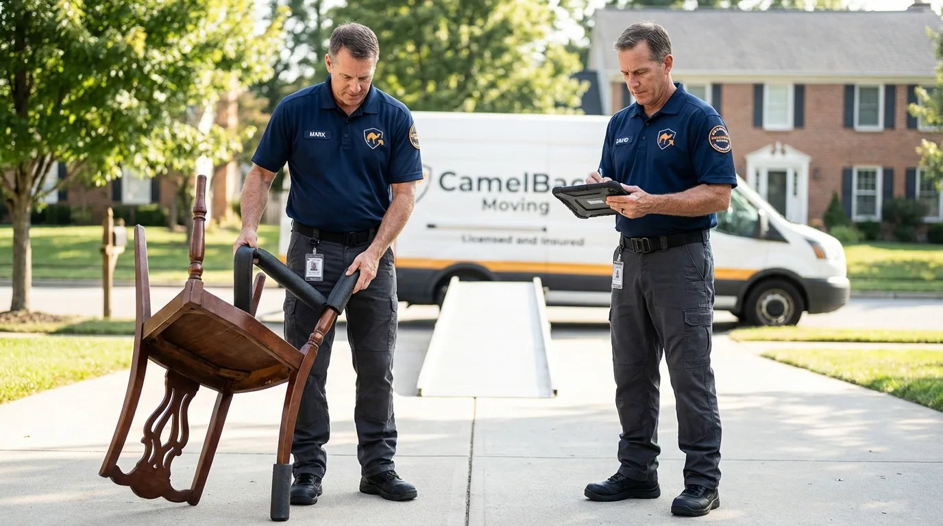 Movers inspecting furniture for damage prevention before loading in Lillington, NC