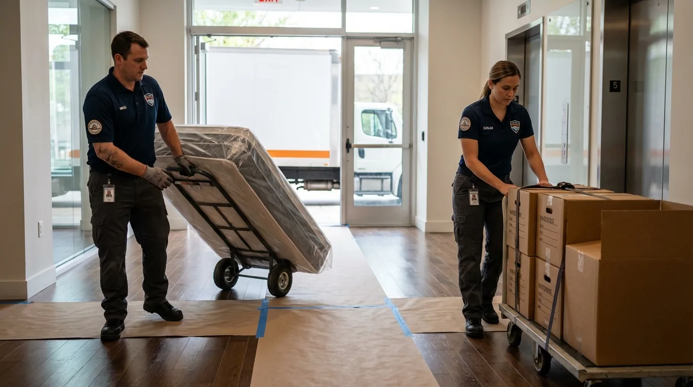 Professional apartment movers loading elevator in Lillington, NC